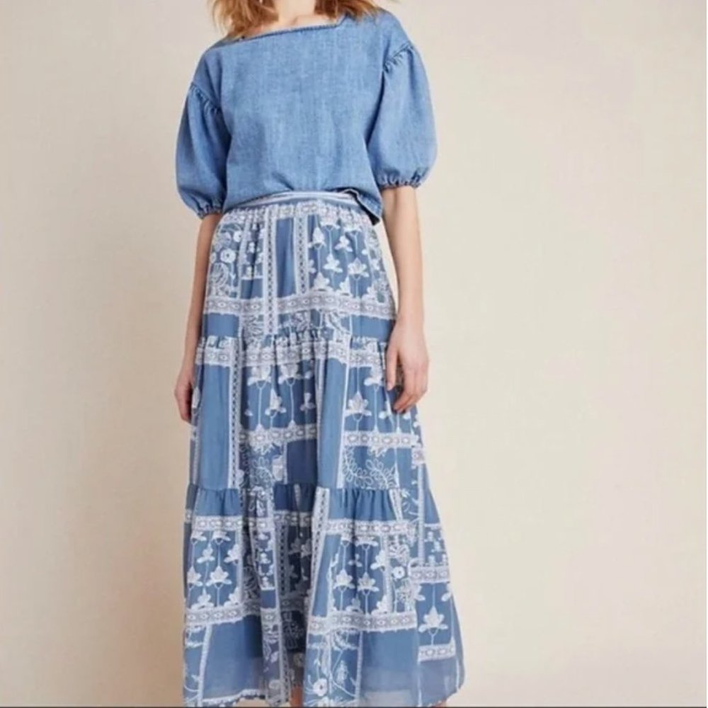 Anthropologie Maeve Ariadne blue maxi embroidered skirt